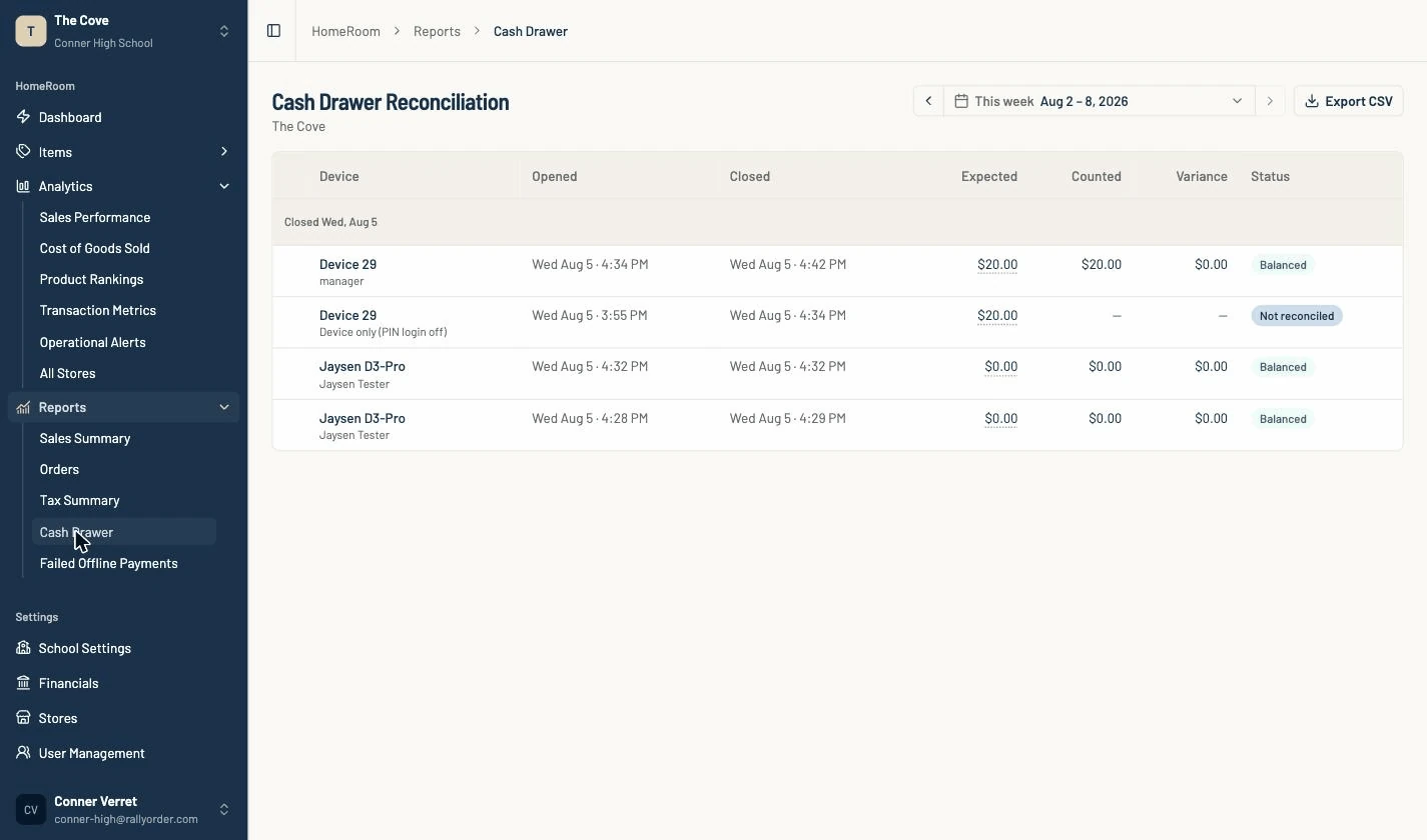 The cash-drawer report: each session reconciled, every variance visible. Advisor-only.