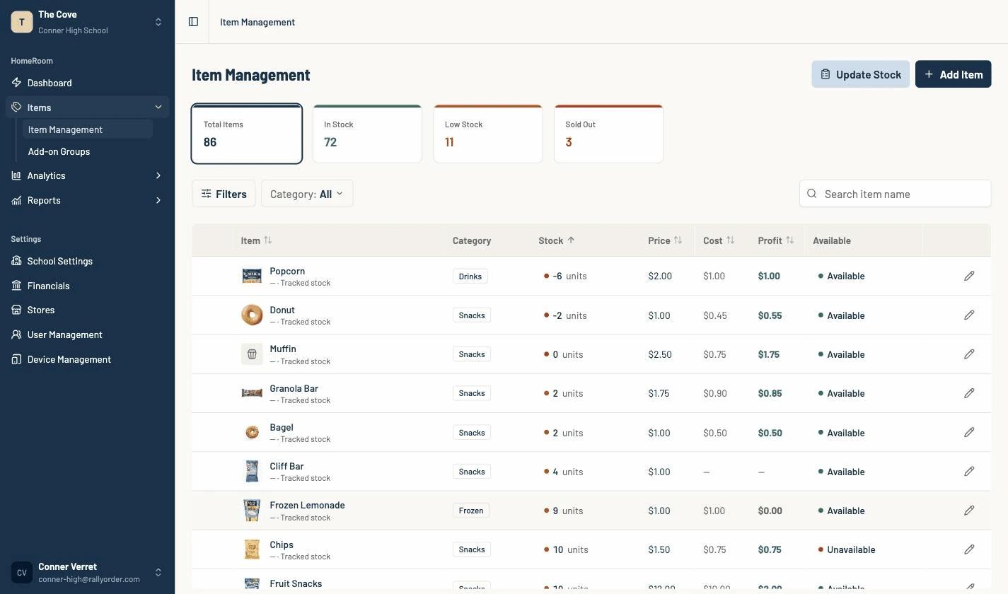 Item Management on a demo store: live stock, price, cost, and profit for every item in one list.