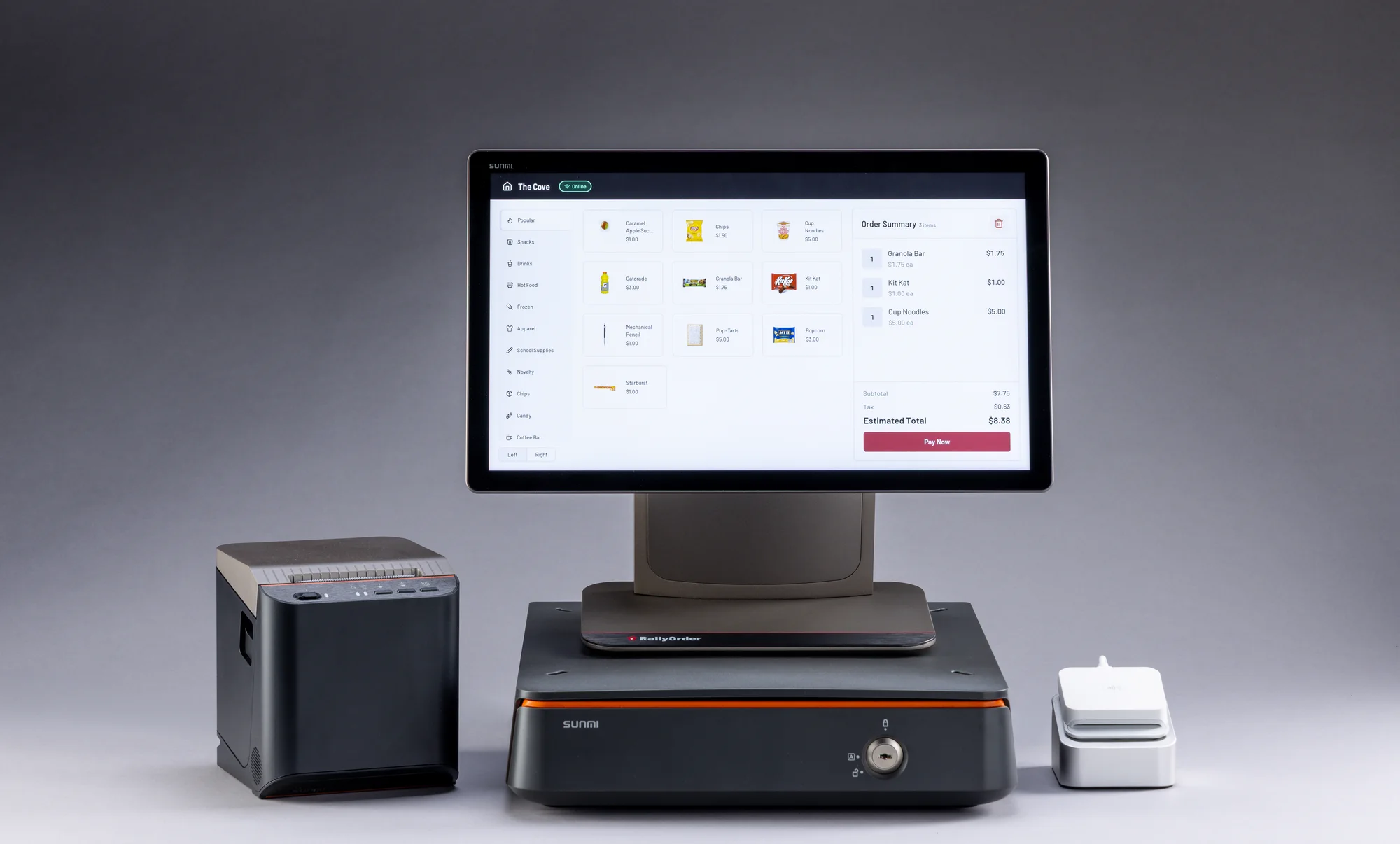 The RallyOrder hardware kit: dual-touchscreen POS on the cash drawer, receipt printer, and card reader