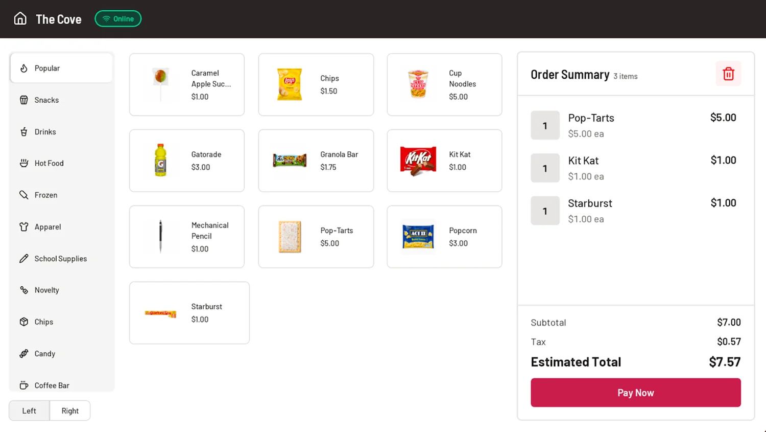 The RallyOrder POS mid-sale: product grid, order summary, and Pay Now